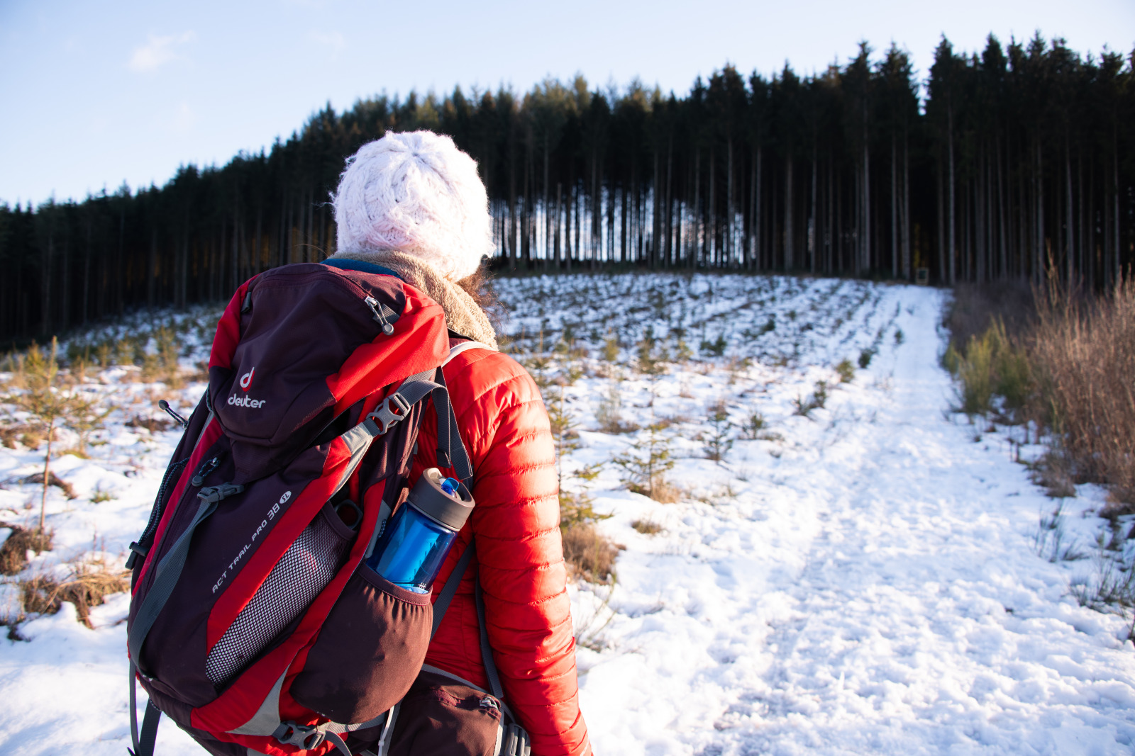 Woman seen from behind carrying a hiking bag and walking in a snowy forest