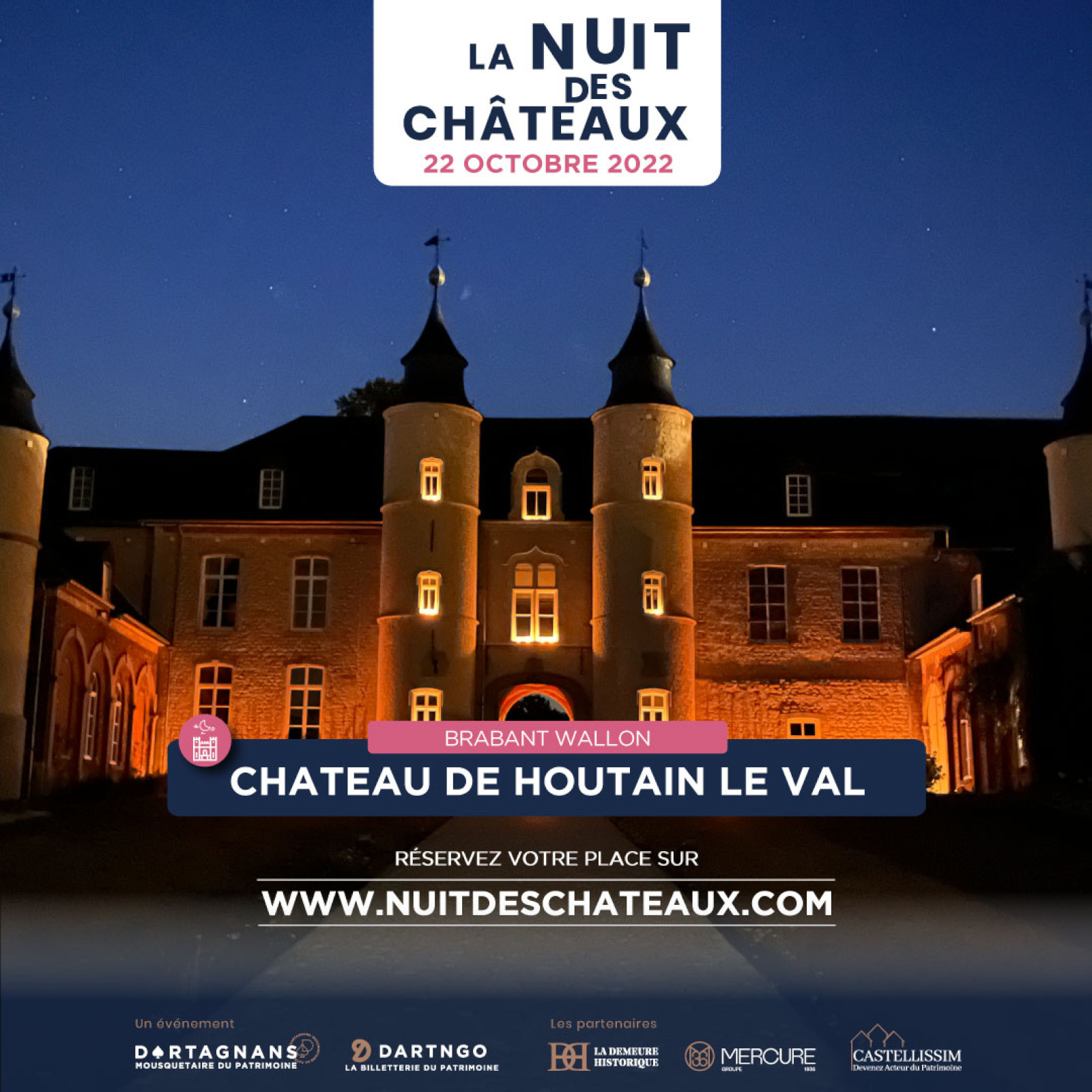 Affiche de l'événement la Nuit des Châteaux montrant la façade du Château de Houtain-le-Val