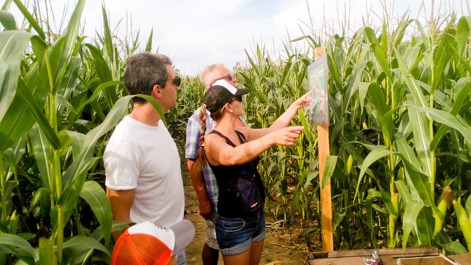 3 mensen nemen deel aan een escape game in een maïsveld
