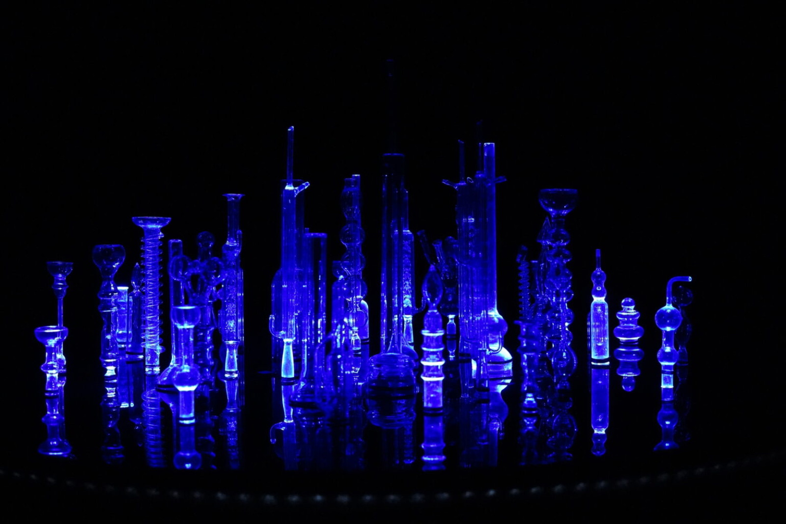 Glass pieces colored blue by a play of lights