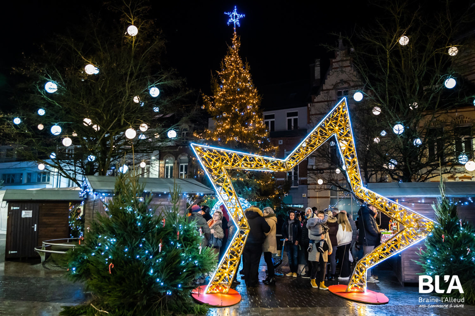 Village square decorated in a magical Christmas atmosphere
