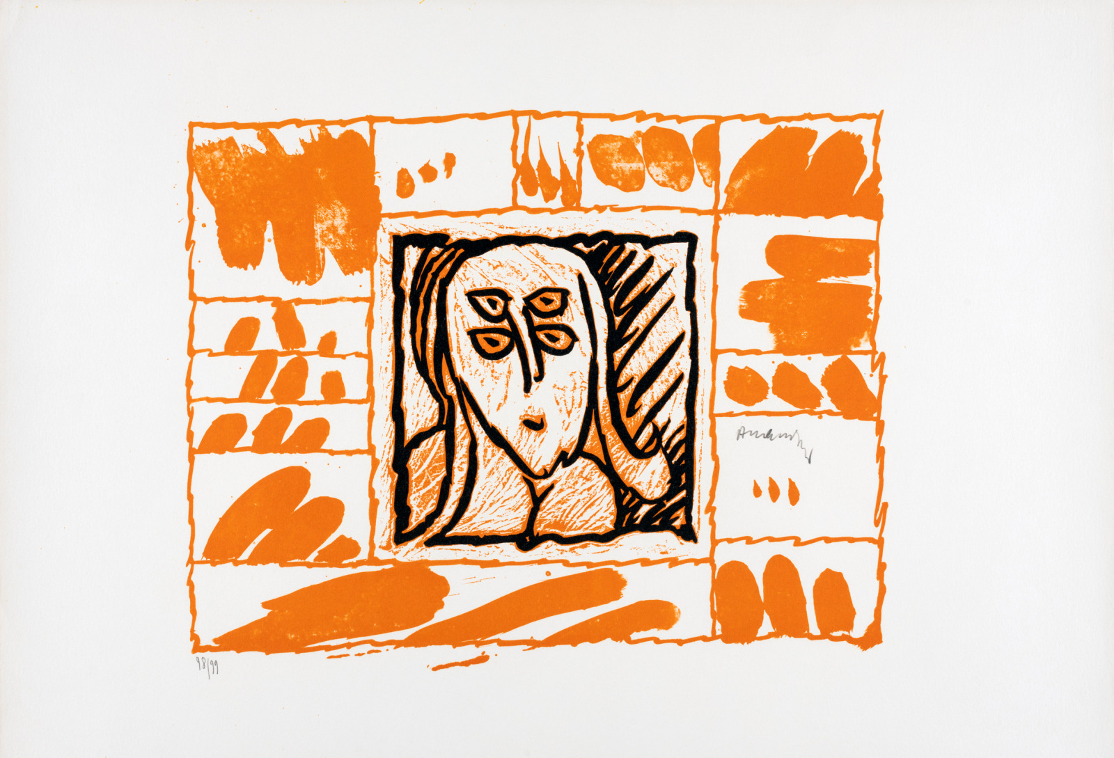 Lithographie orange représentant un portrait