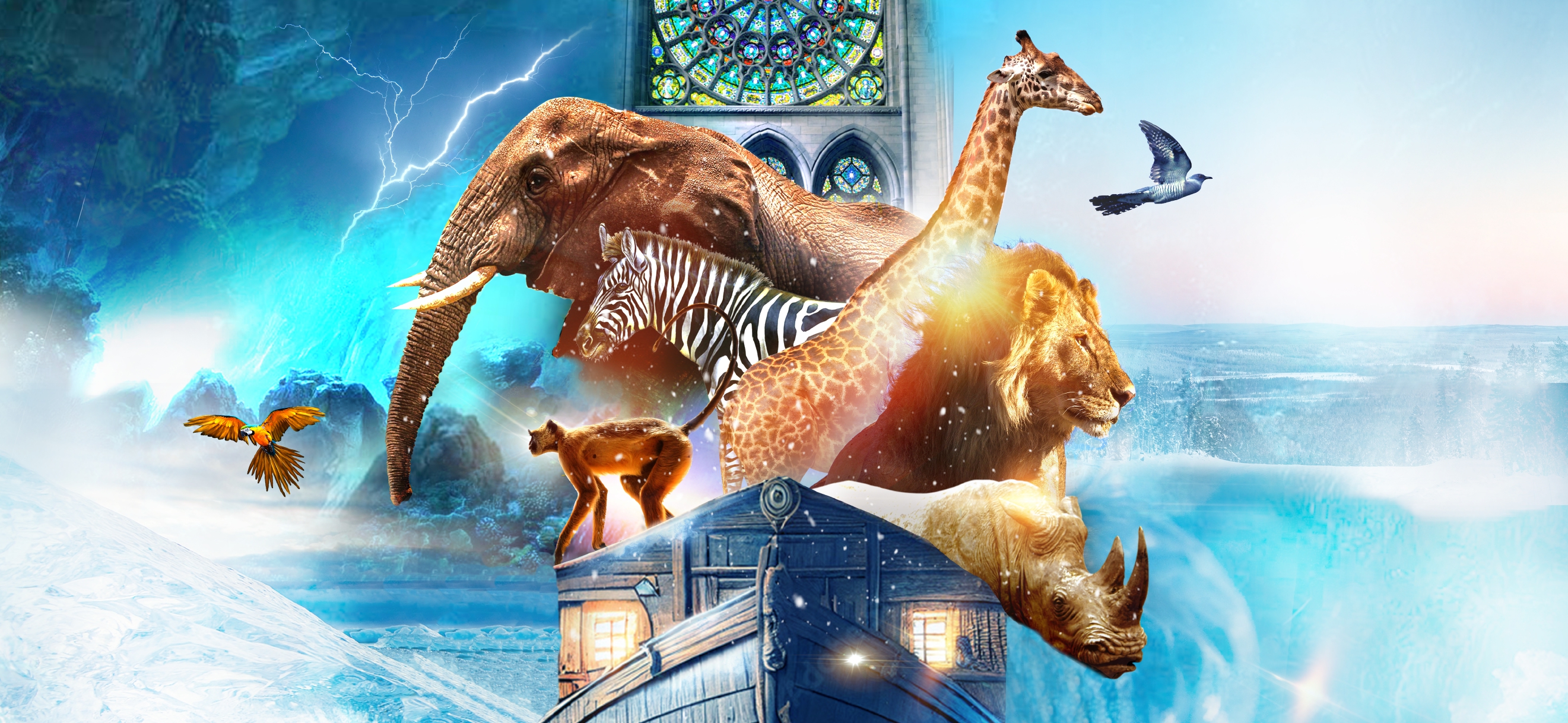 Composition graphique montrant des animaux exotiques sur un bateau avec en arrière-plan la façade d'une cathédrale et autour des paysages enneigés
