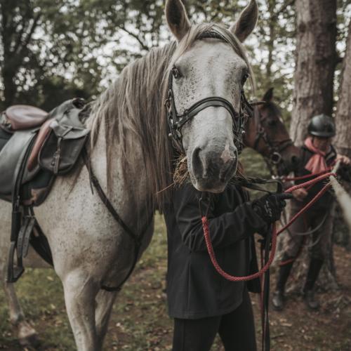 Reiter, der sein Pferd bei einem Ausritt im Pays des Lacs anbindet