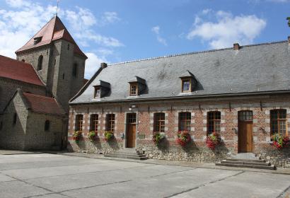 Aubechies: one of the Most Beautiful Villages in Wallonia - belltower - internal courtyard - blue sky