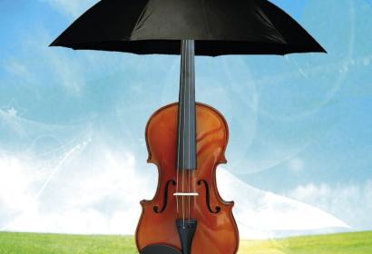 Grafische compositie die een cello voorstelt die wordt beschut door een paraplu waarvan het handvat dat van de cello is.
