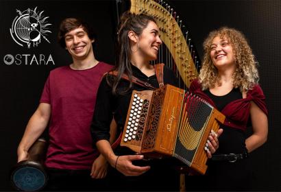 Ostara group composed of an accordionist, a harpist and a percussionist
