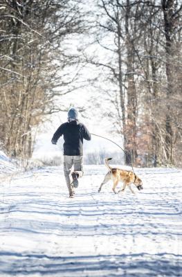 A person running with his dog in a snowy landscape