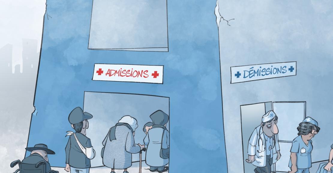 Dessin de Kak illustrant un hôpital avec d'un côté la file des admissions et de l'autre, la sortie des démissions du personnel soignant