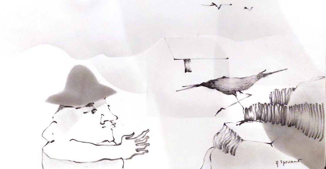 Peinture monochrome représentant un personnage tendant les bras vers un oiseau perché sur un rocher